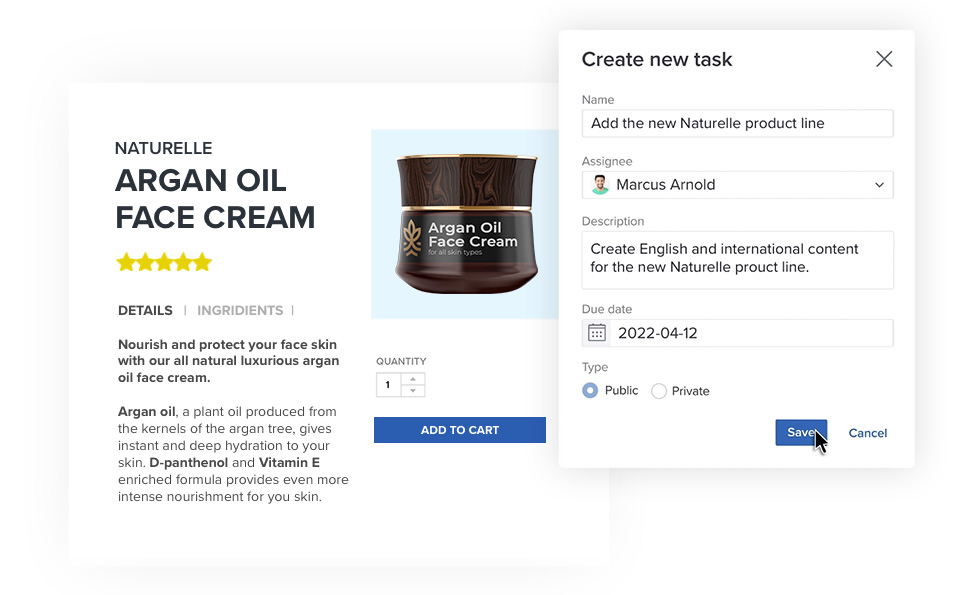 Product page and task screenshot Product page and task screenshot