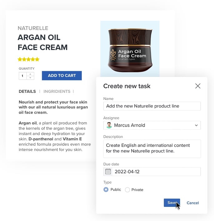 Product page and task screenshot Product page and task screenshot