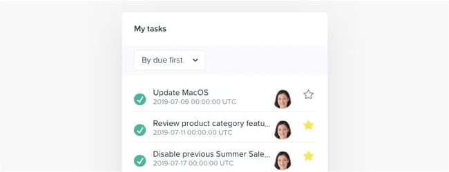 "My tasks" widget with "By due first" sorting applied. 3 checkmarks on the left highlight solved tasks, and 2 stars on the right mark important tasks.