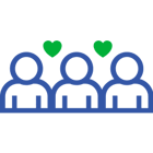 Three users arm to arm with heart symbols Three users arm to arm with heart symbols